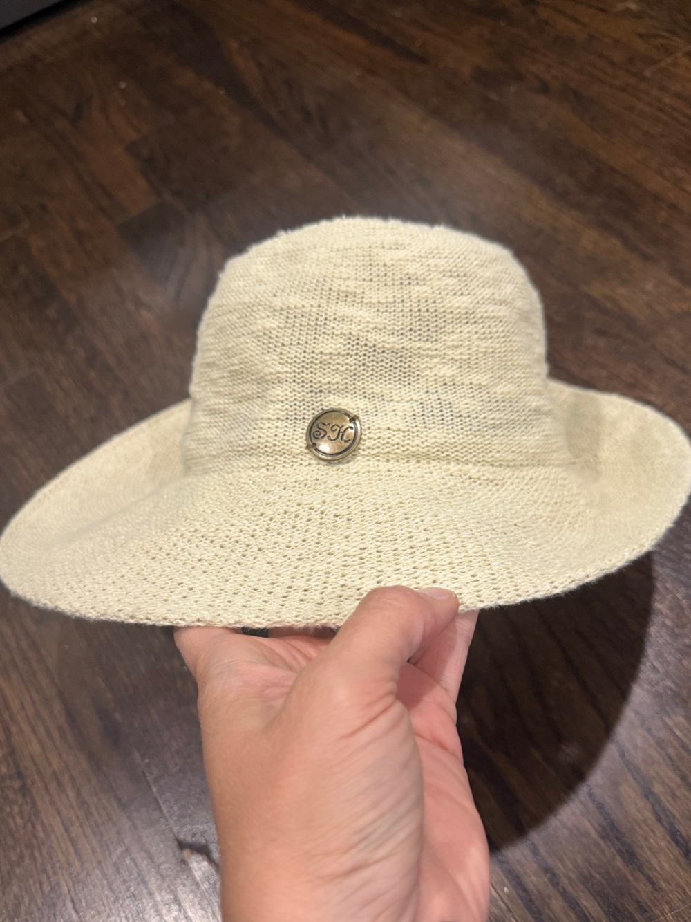 Shihreen Cream Knit Sun Hat with Decorative Medallion